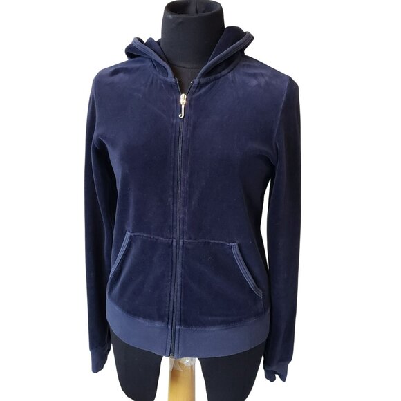Juicy Couture Navy Blue Velour Track Suit Full Zip Hoodie Sweatshirt Y2K Style - Picture 1 of 10
